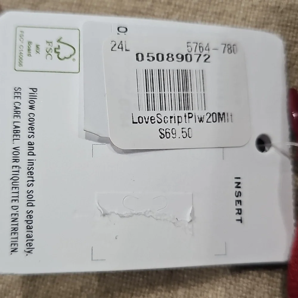 Pottery Barn Love Script Reversible Plaid Pillow Cover, Red Khaki Rustic NWT